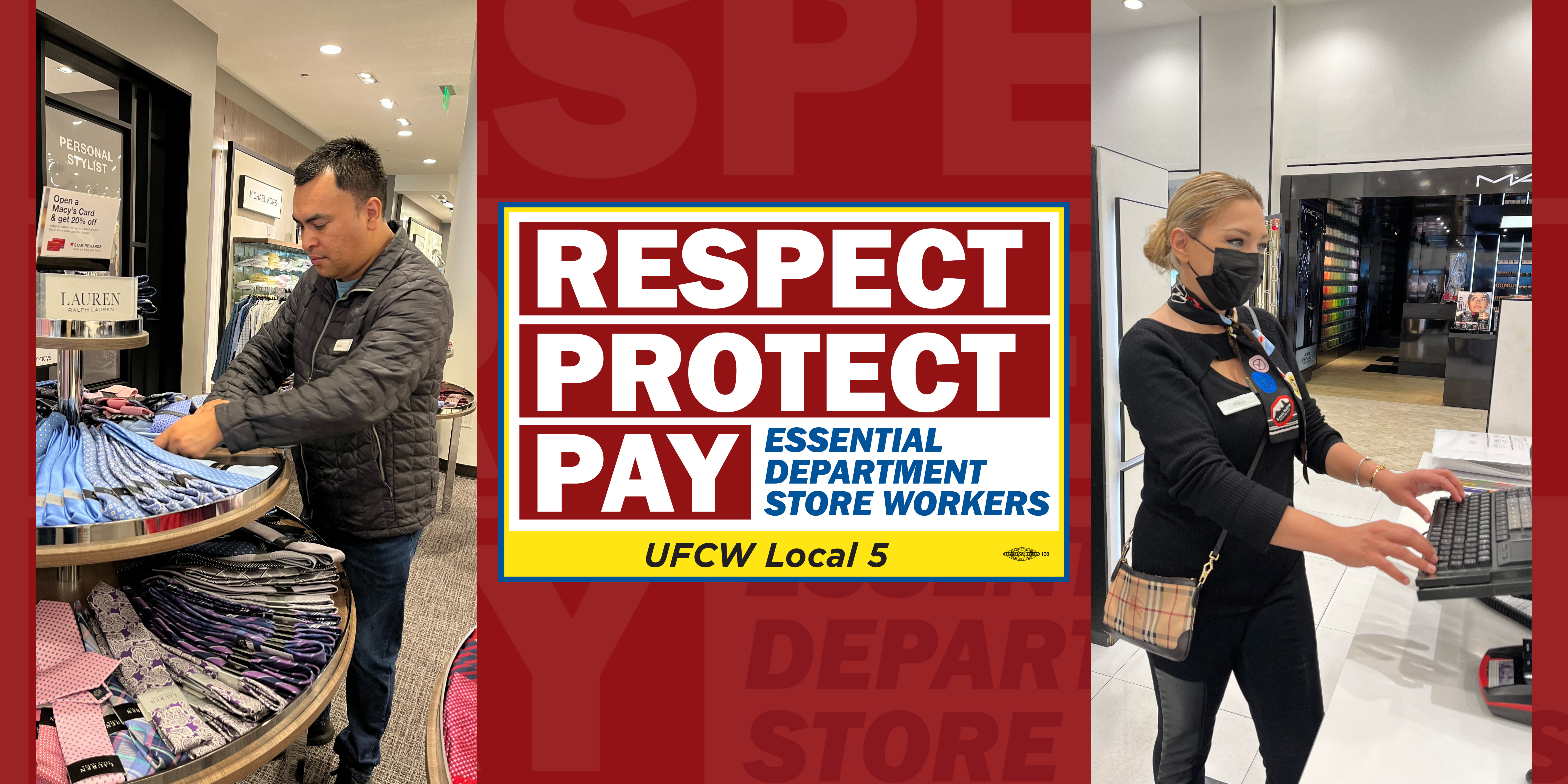 Respect Protect Pay placard between two workers