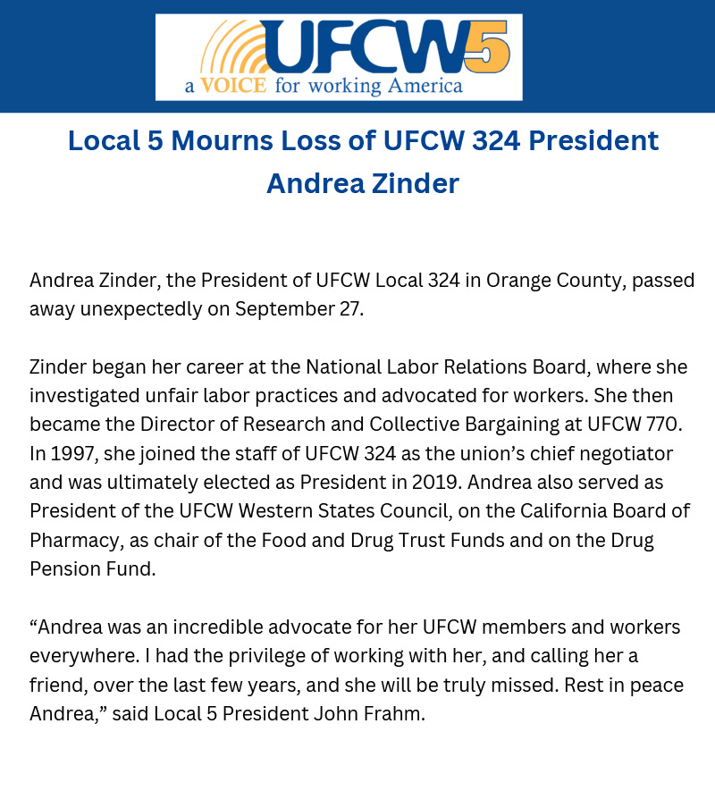 Local 5 Mourns Loss of UFCW 324 President Andrea Zinder